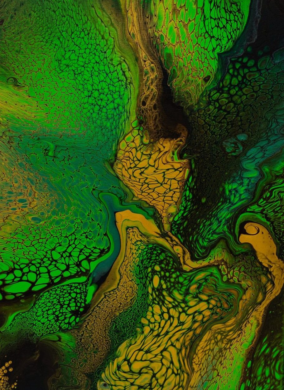 Original pair of hand poured acrylic paintings in gold and greens on deep edge canvas, 34  x 45cm.  