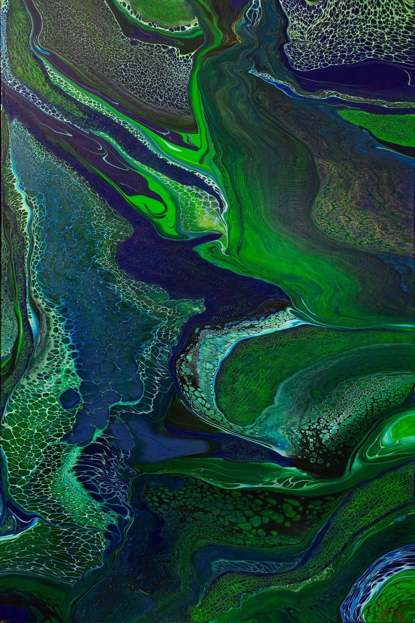Original hand-poured acrylic abstract painting in shades of blue and green. Gallery wrapped deep edge canvas. 
Professionally framed.  