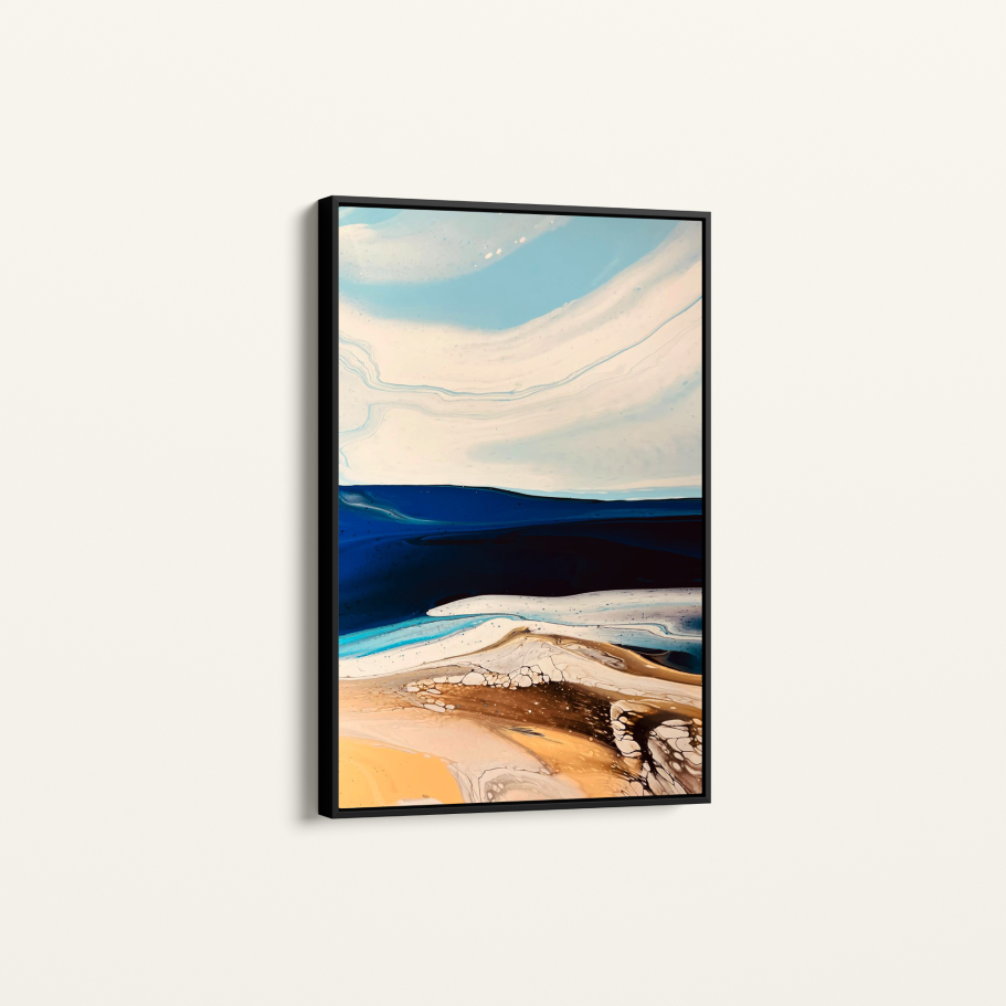 Original hand-poured acrylic painting on a gallery wrapped deep edge canvas.

 Professionally framed in a black wooden frame, ready to hang.
