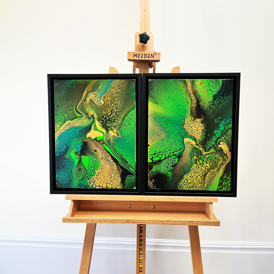 Original pair of hand poured acrylic paintings in gold and greens on deep edge canvas, 34  x 45cm. 
