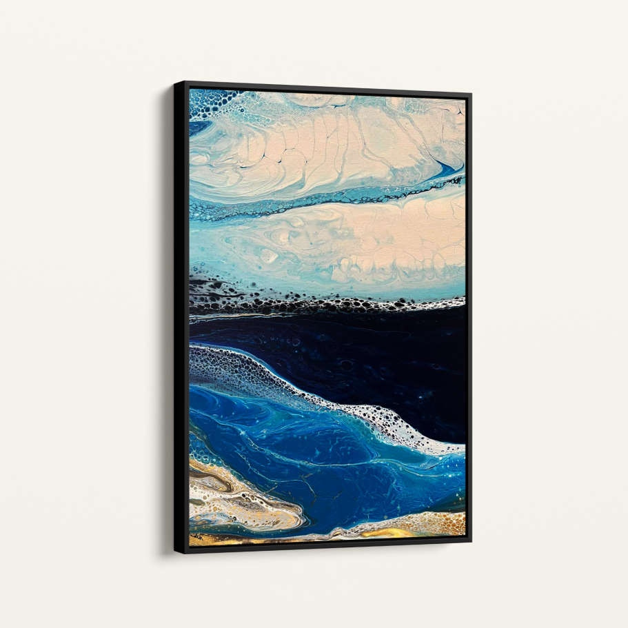 Original, hand-poured acrylic painting on a gallery wrapped deep edge canvas.

Professionally framed in a black wooden frame ready to hang. 