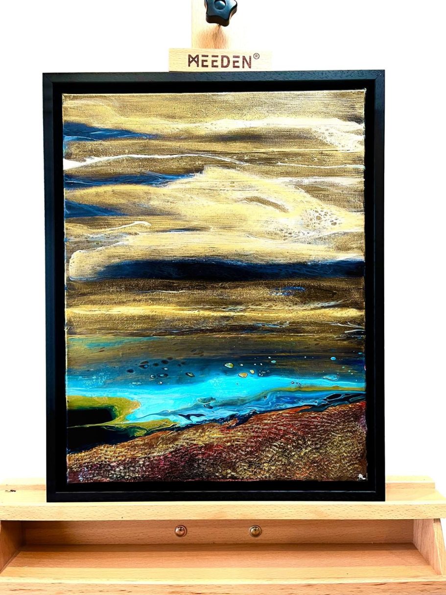 Original textured, hand-poured acrylic painting on deep edge canvas. 
Professionally framed in a black wood frame and ready to hang.
