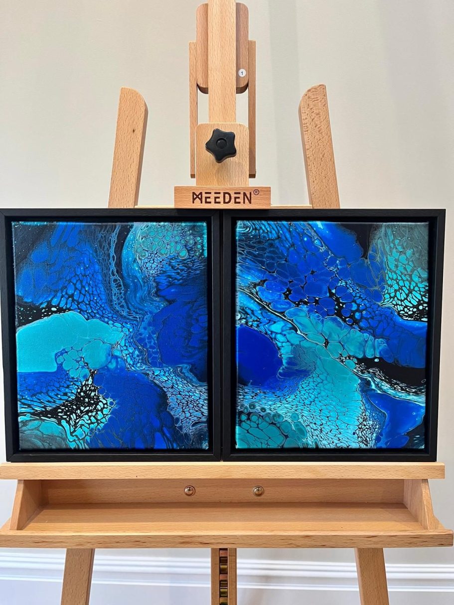 Original pair of acrylic on canvas paintings.  Professionally framed in black wooden frames ready to hang,   28 x 33cm 