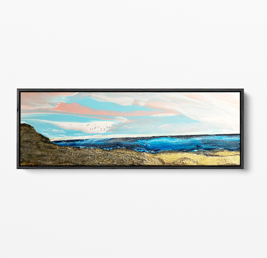 Original embellished and textured hand poured acrylic painting on a gallery wrapped deep edge canvas.

Professionally framed in a black wood