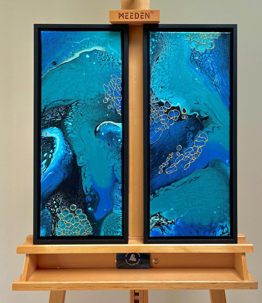 Pair of embellished acrylics on gallery wrapped canvas, using metallic paints and gold cerne relief. Professionally framed. 