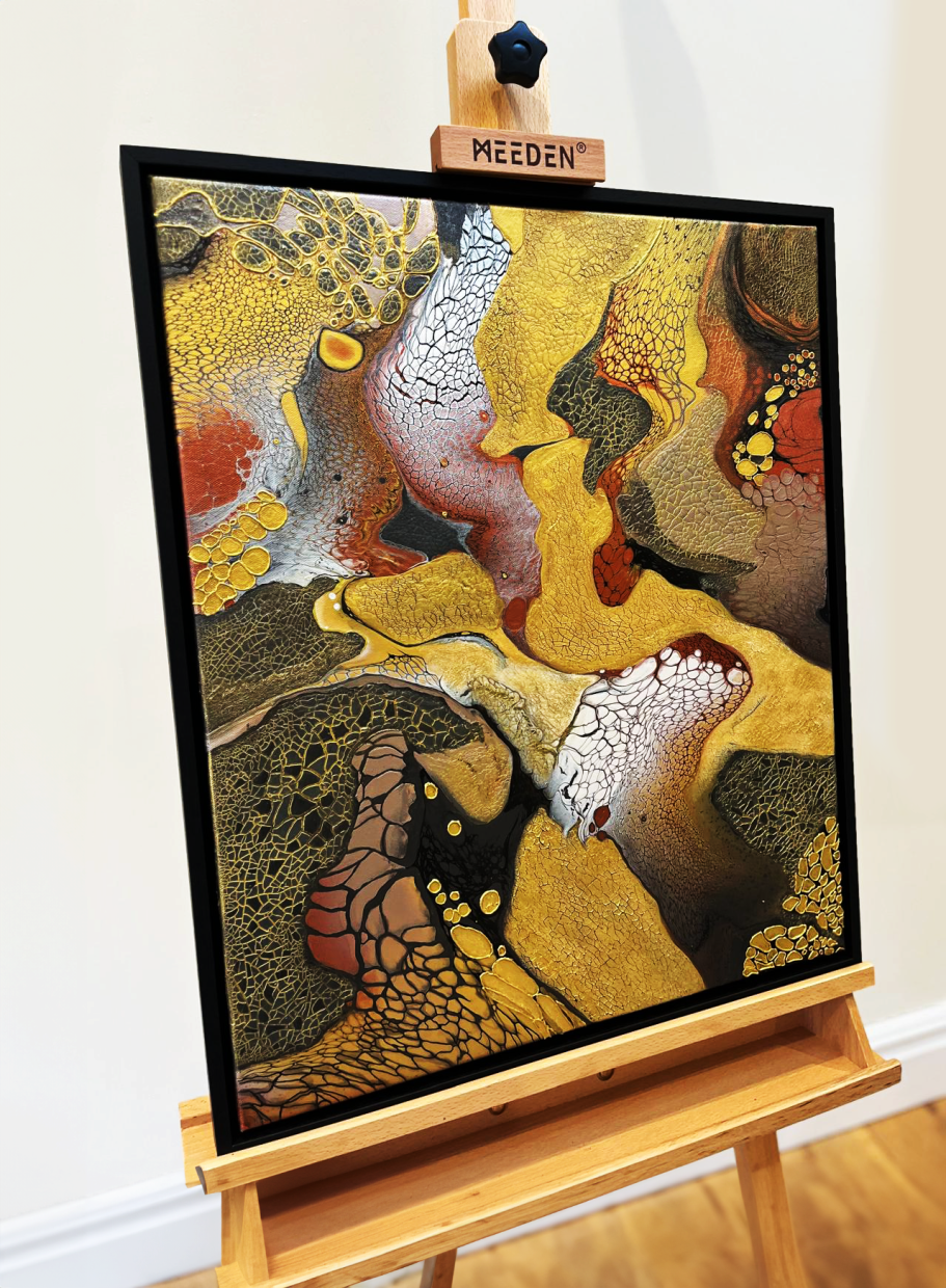 Orignal hand- embellished acrylic painting using metallic paints on canvas.  Professionally framed in a black wooden frame, ready to hang.  