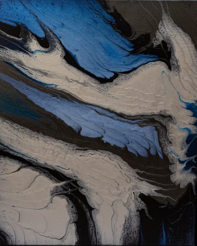 Cloudbusting by UK Artist Jane Burdett. Hand-poured acrylic on a deep edge gallery wrapped canvases, using  metallic & pearlescent paints. 