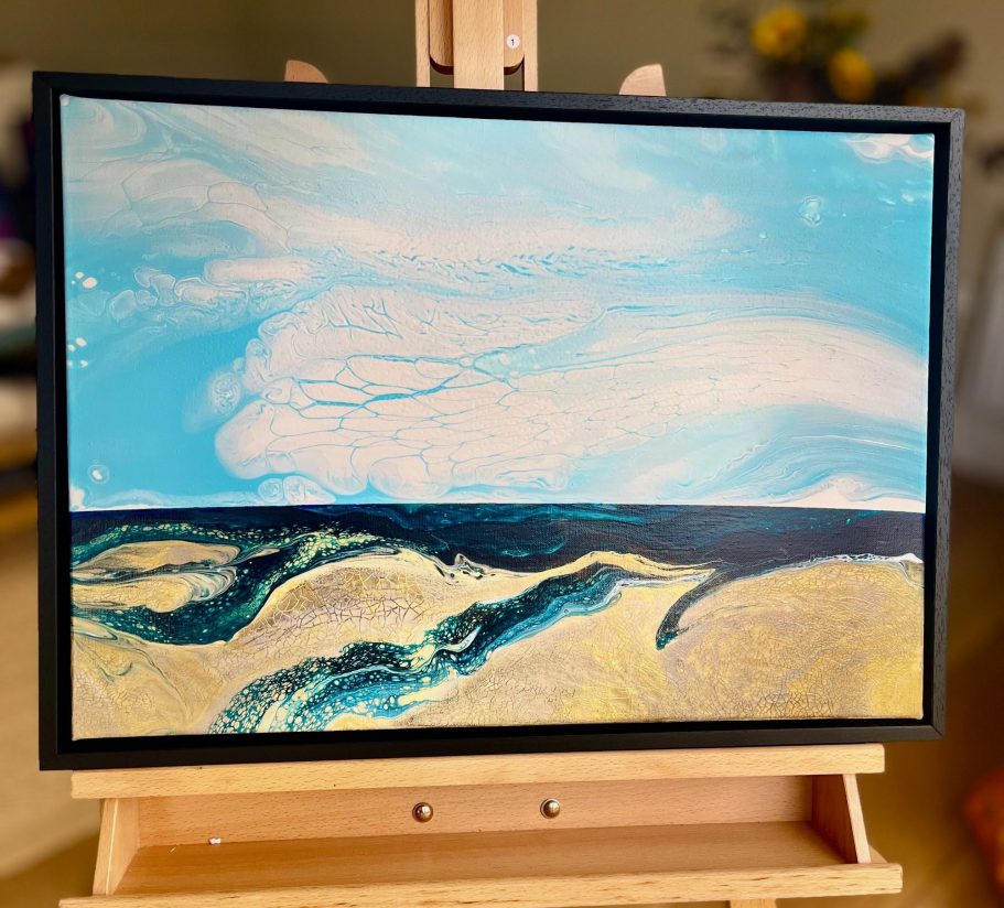 Original, hand-poured and embellished acrylic painting on a gallery wrapped deep edge canvas.

