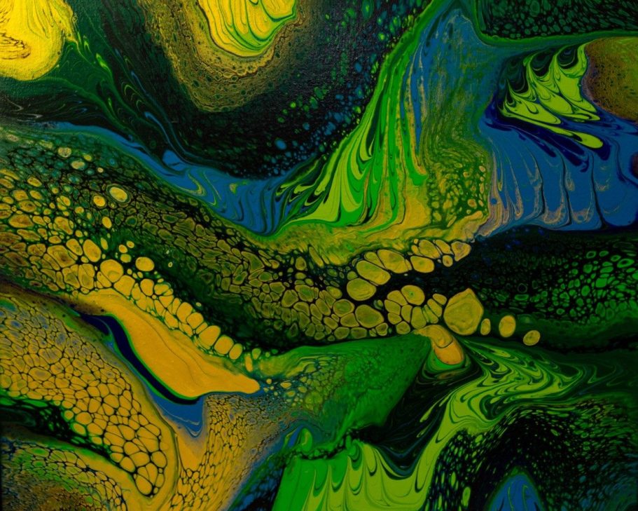 Original hand poured acrylic abstract painting with gold, greens and teal blue.  Gallery wrapped deep edge canvas professionally framed.