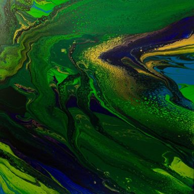 Deep Green Sea by UK Artist Jane.
Original hand-poured acrylic painting using greens, blues & gold. On a deep-edge gallery-wrapped canvas. 