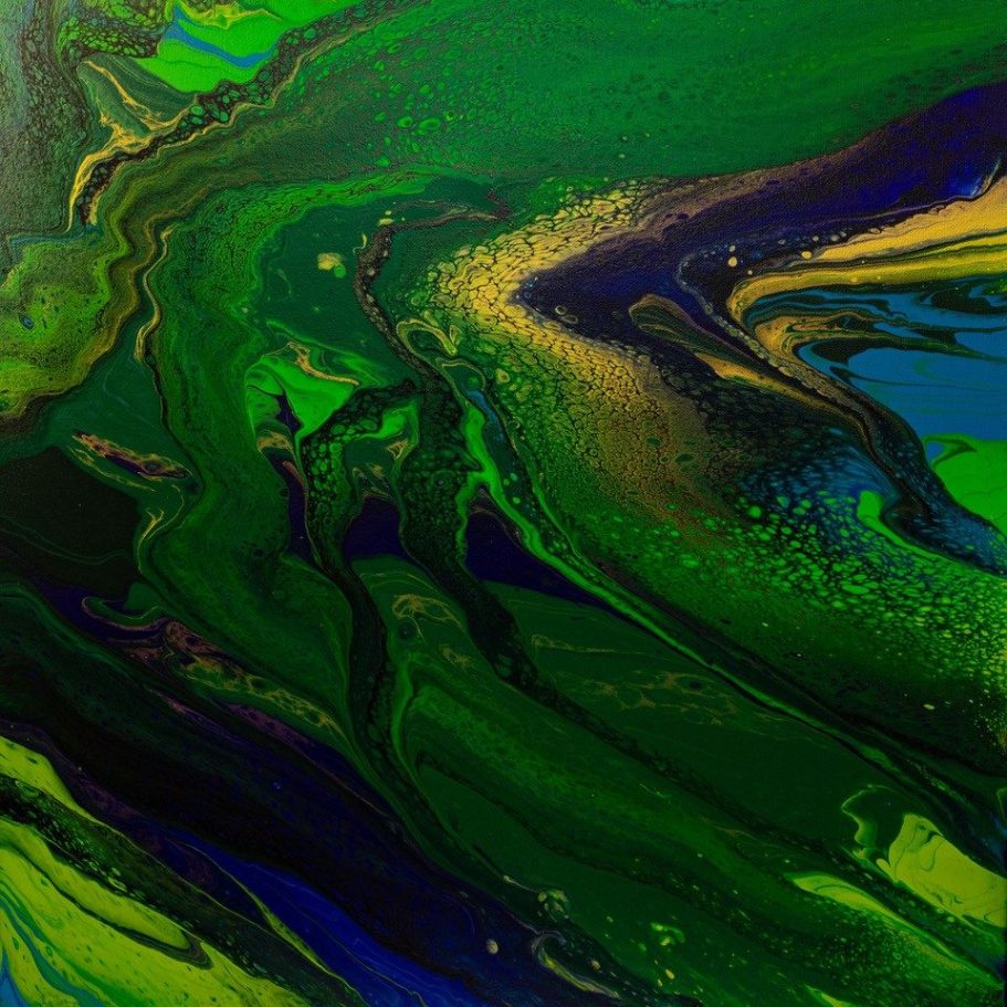 Original hand-poured acrylic painting using greens, blues and gold. On a deep edge gallery wrapped canvas.  Professionally framed.