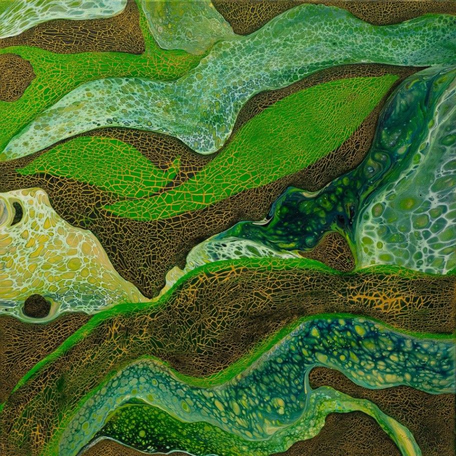 Mosaic is an original, heavily embellished acrylic painting on a deep-edge, gallery-wrapped canvas. Featuring green and gold tones.