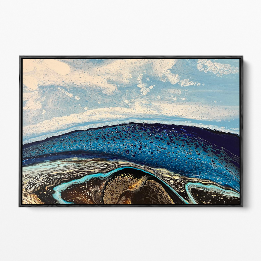 Original hand-poured acrylic painting on a gallery wrapped deep edge canvas.

Professionally framed in a black wooden frame, ready to hang. 