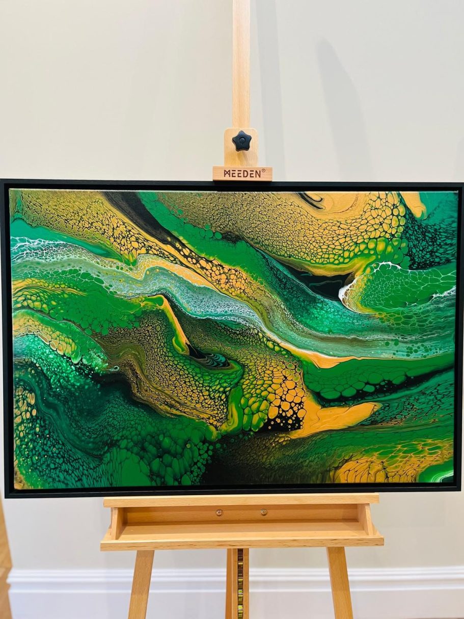 Original hand poured Acrylic painting using gold and greens on a gallery wrapped canvas.  Professionally framed.